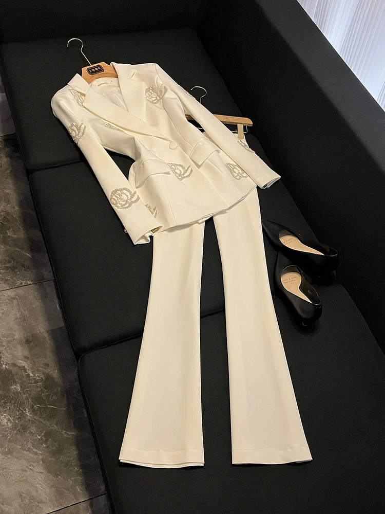 

Костюм Heavy Embellied Diamond на одной пуговице V Ne, комплект брюк из джата с высокой талией, модная новая женская рабочая одежда 2025 OK355