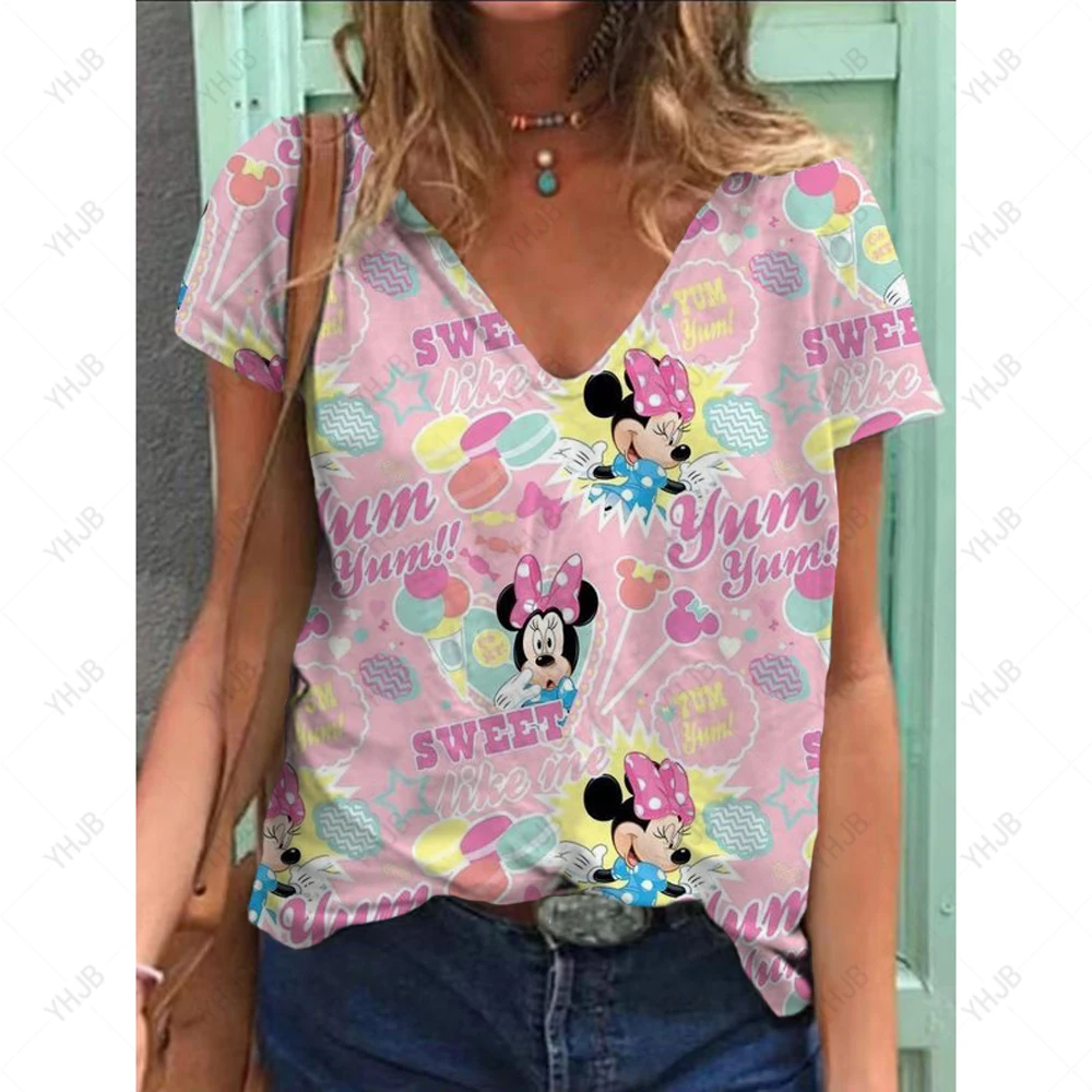 2025 صيف جديد ديزني ميني ماوس الكرتون طباعة تي شيرت السيدات الخامس الرقبة ثلاثية الأبعاد قمة فضفاضة تنفس ملابس عصرية غير رسمية