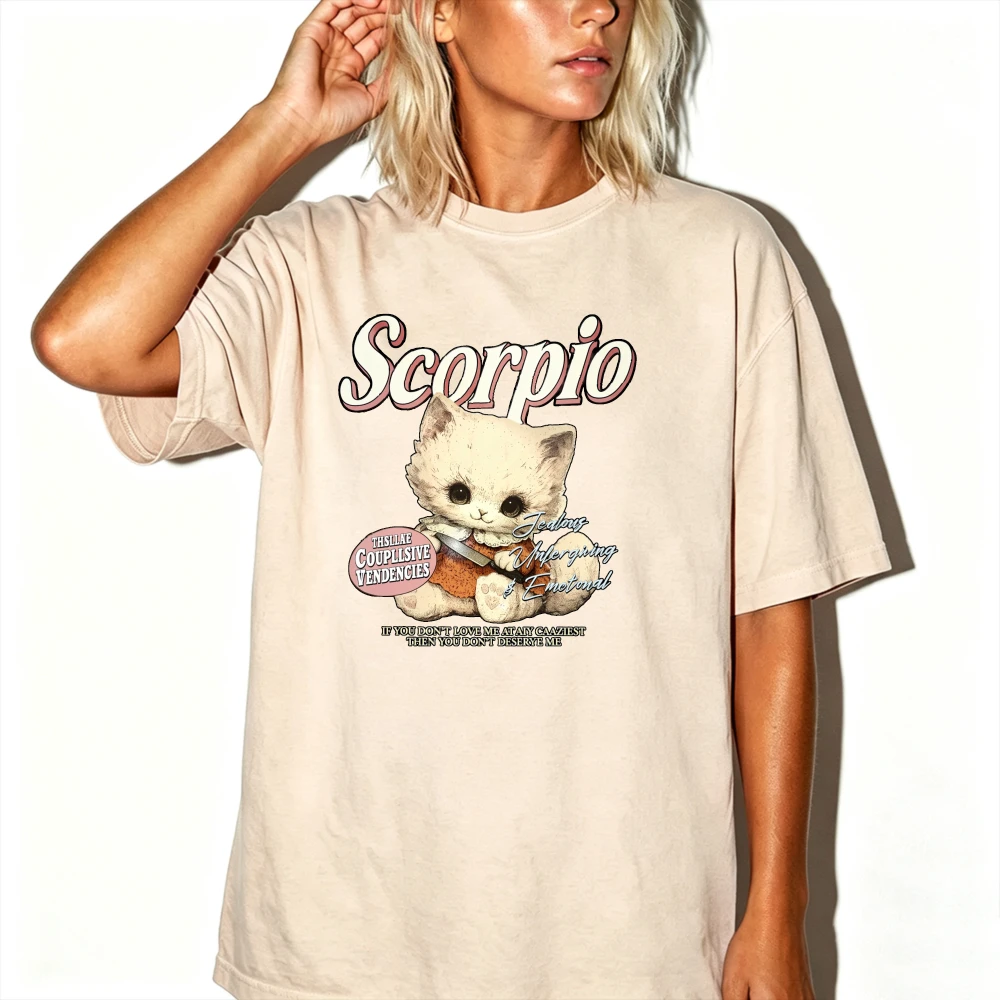Women Scorpio Zodiac Cute Fluffy Kitten Vintage Letter Graphic T-Shirt Scorpion Horoscope Cat Cartoon Astrology Birthday Tops