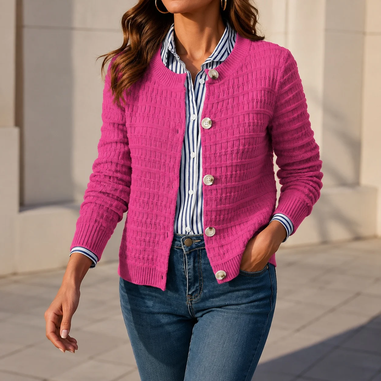Round Neck Single Sweater Regular Length Commuter Chic with Long Sleeve Summer Cardigan Regular Sleeve Pullover Summer for Women