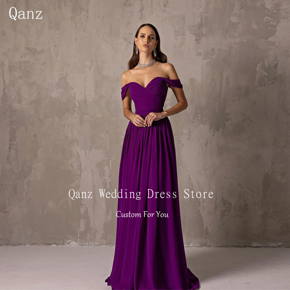 

Qanz Customized Purple Arab Evening Dresses Off Shoulder Chiffon Long Vestidos De Fiestas Elegantes Mujer Backless Party Dress