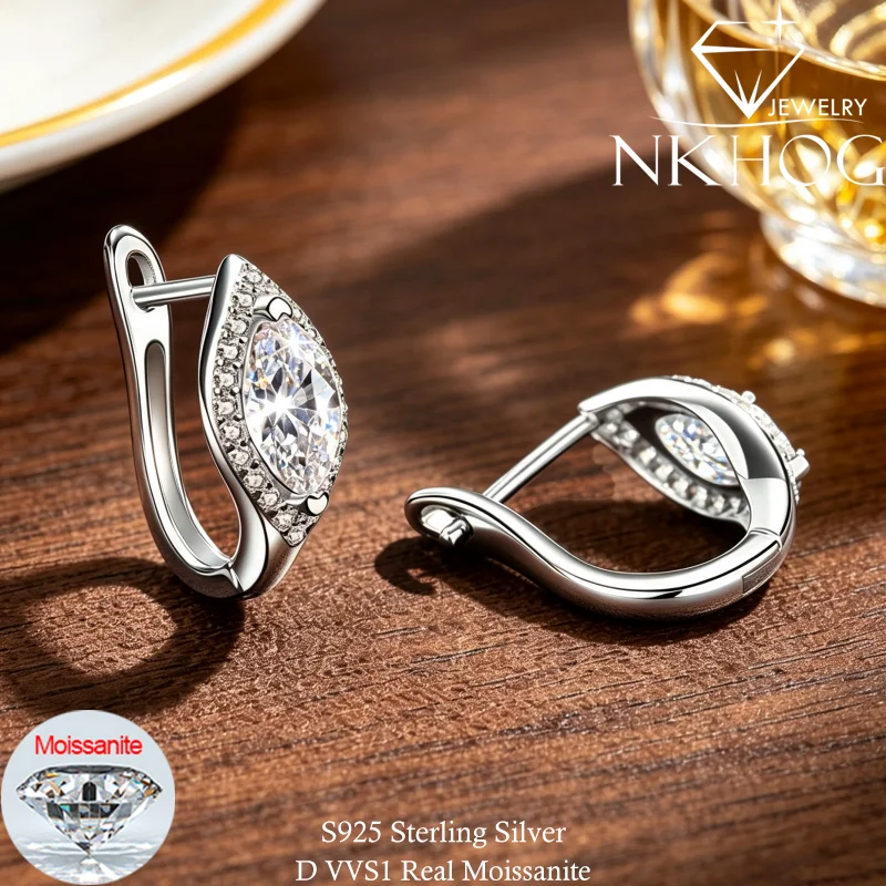 NKHOG 1.22cttw Full Moissanite Hoop Earrings Women Marquise Cut Lab Diamond Certified Dainty Huggie Ear Buckle Pendant Jewelry