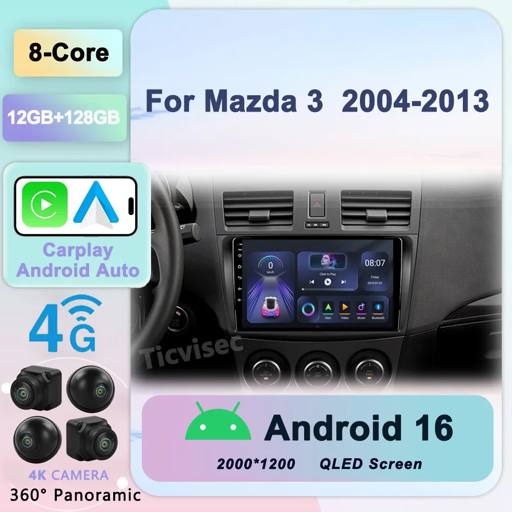 

2 Din Android 16 For Mazda 3 2004-2013 Car Radio Multimedia Player Stereo Navigation with BOSE Carplay Speakers Head Unit Video