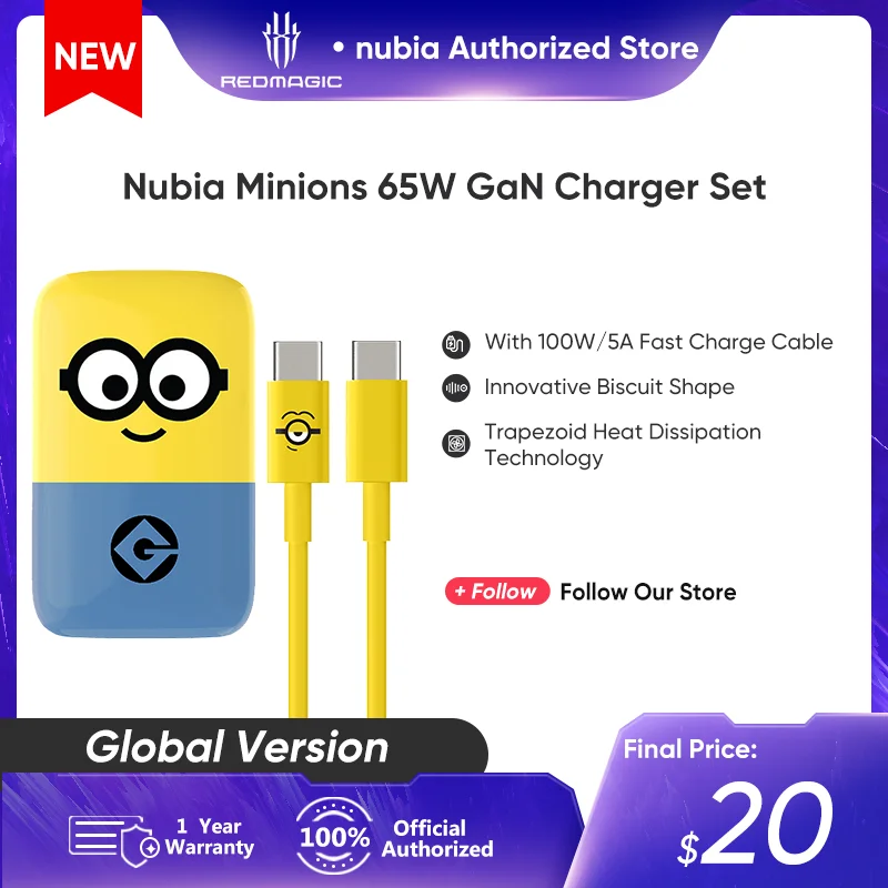 

Nubia Minions 65W GaN Charger Set Innovative Biscuit Shape Trapezoid Heat Dissipation Technology With 100W/5A Fast Charge Cable