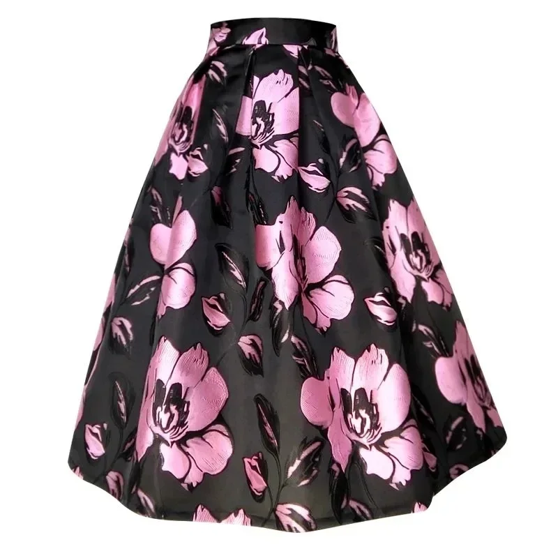 

New Fashion Pleated Jacquard Skirt Women Spring Autumn High Waist A-Line Midi Skirts Vintage Elegant Pocket Ladies Skirts L481