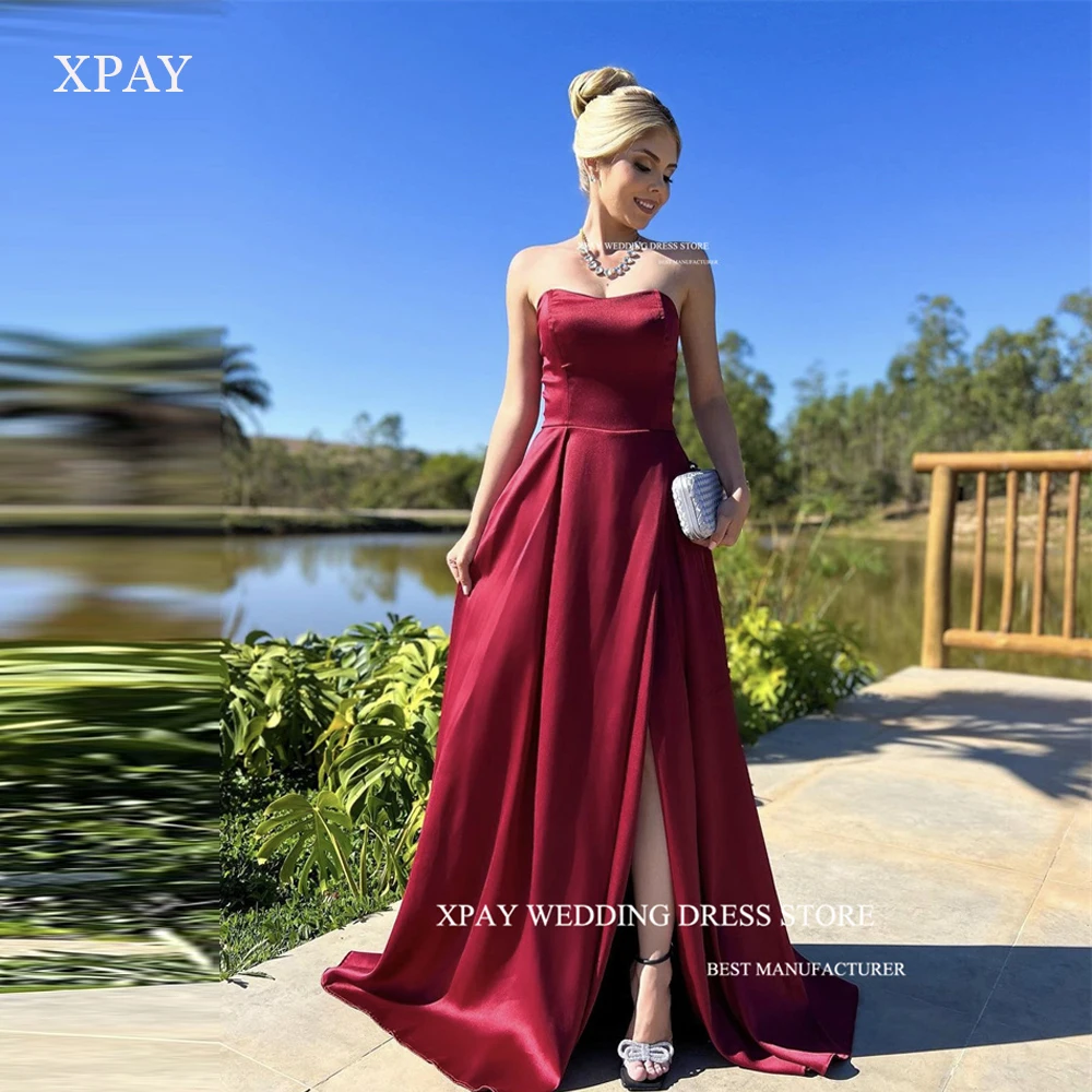 

XPAY Simple Satin A Line Prom Dresses vestidos de noche Strapless Side Split Arabic Women Party Dress Formal Evening Gowns