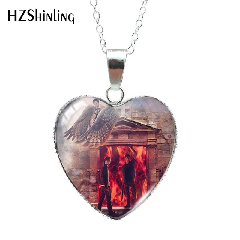 Supernatural TV Paintings Heart Shaped Glass Cabochon Pendants Handmade Necklace Jewelry