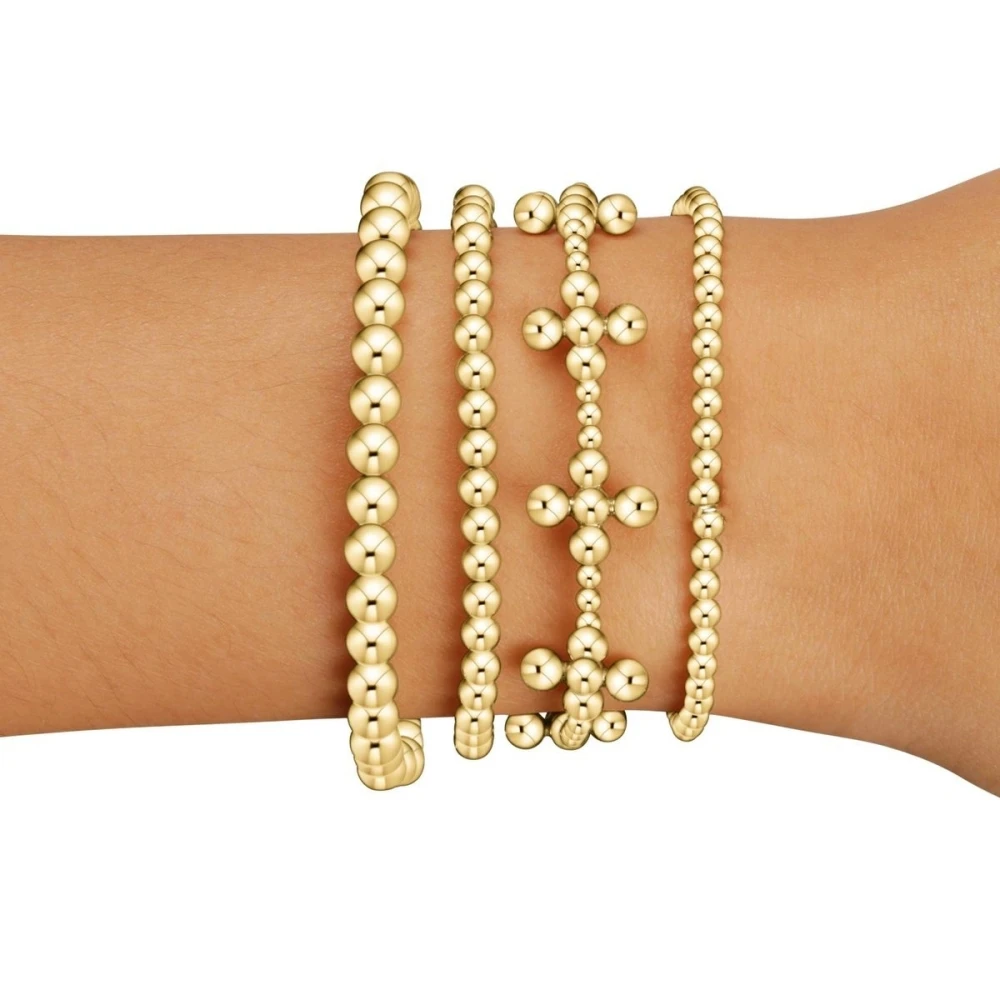 Vlen Stackable 18K Gold Plated Bead Bracelets with Cross Charm Stretchy Pulsera Religious Christian Jewelry Gifts for Women