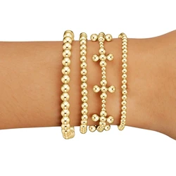 Vlen Stackable 18K Gold Plated Bead Bracelets with Cross Charm Stretchy Pulsera Religious Christian Jewelry Gifts for Women