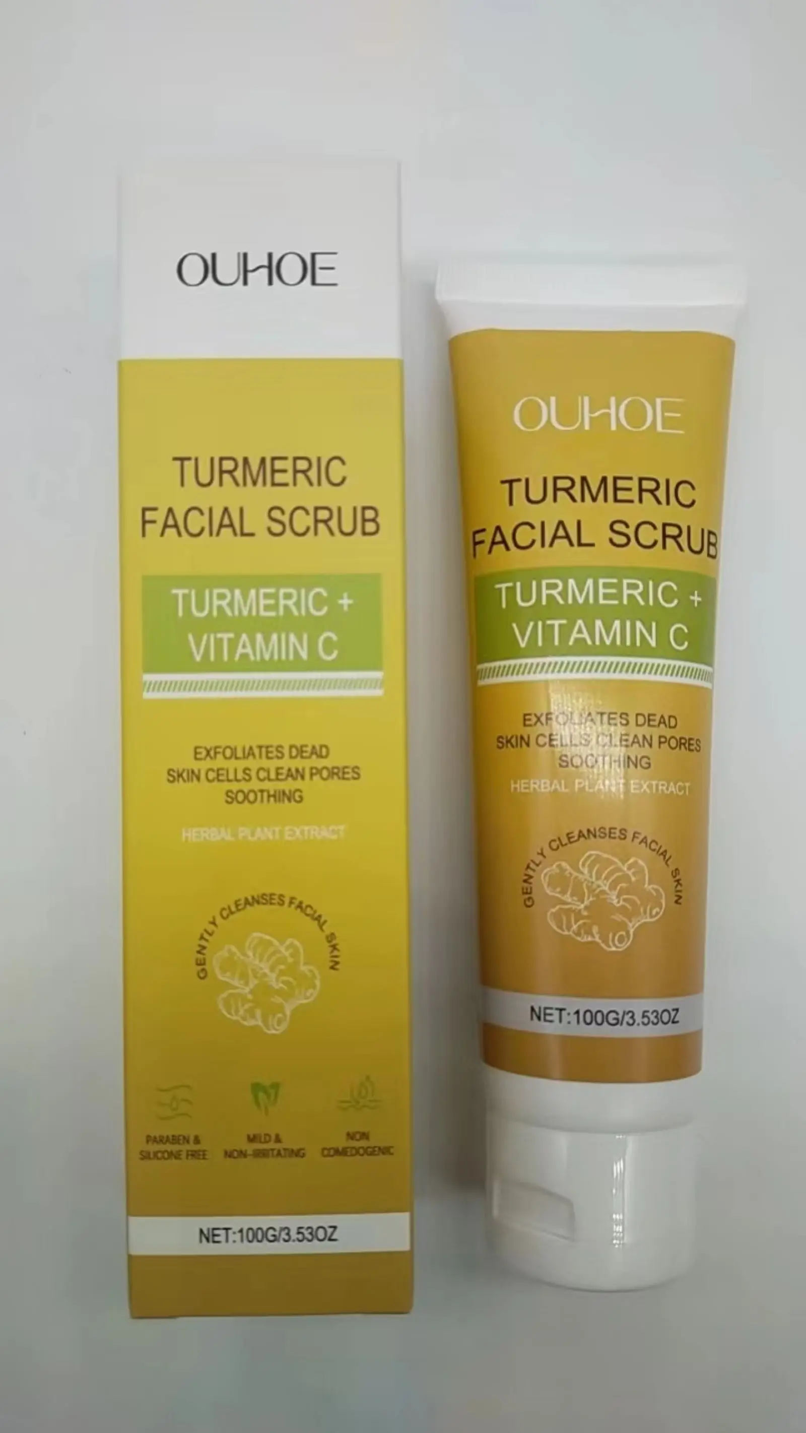 Gommage visage au curcuma et à la vitamine C – Gommage exfoliant pour le visage 100 g/3,53 oz pour éclaircir, nettoyer en profondeur les pores, élimination des peaux mortes