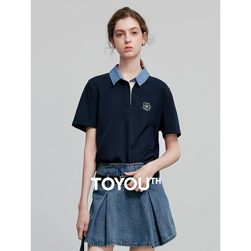 TOYOUTH women's Embroidery Polo Shirt 2025 Summer New Pique Denim Collar Contrast Color Casual Daily Tops