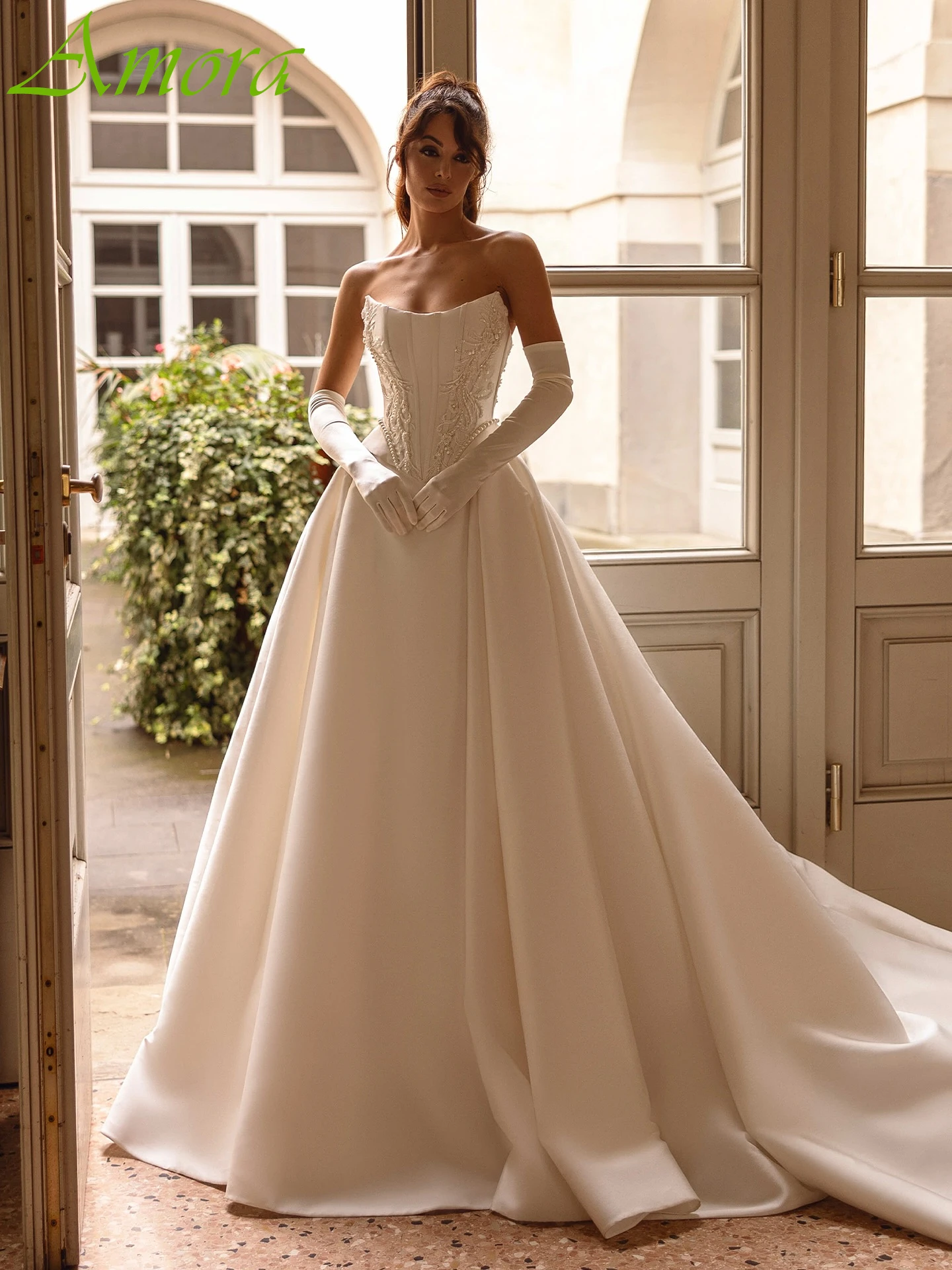 

Customized A-Line Strapless Elegant Exquisite Wedding Dress High Quality Temperament Evening Dress Delicate Sparkly Bridal Party