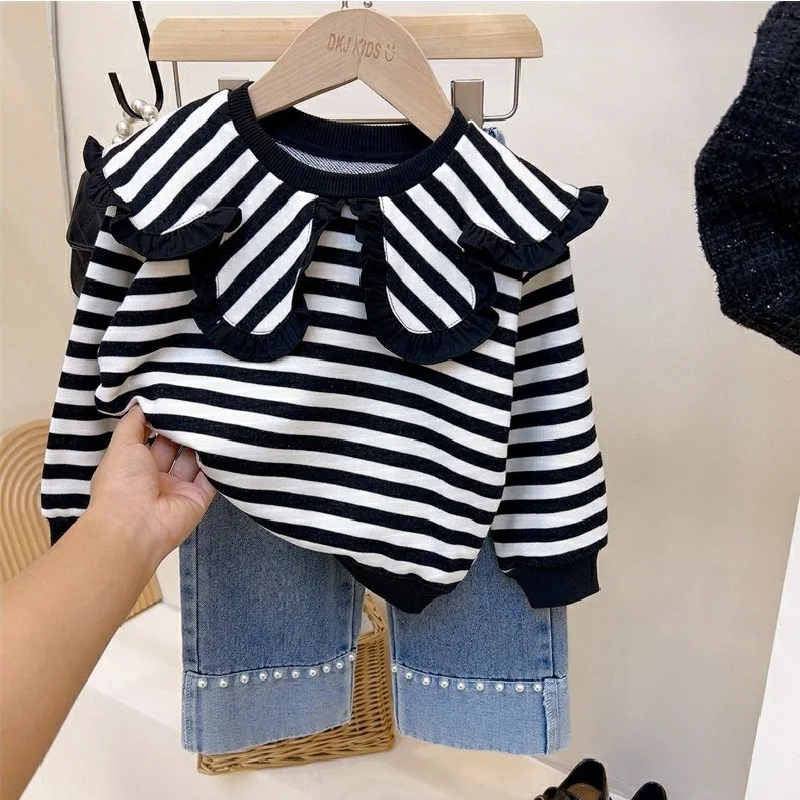 New Spring Children\'s Wear Girl\'s Stripe Long sleeved Top Casual Sports Wear 3-8 Year Old Girl\'s T-shirt and Jeans Set