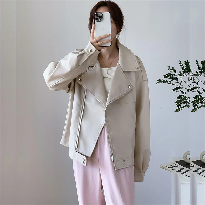 Autumn Women Short Faux Leather Coat Loose Casual Diagonal Zipper Long Sleeve Female PU Biker Jacket Black Rose Red Green Beige