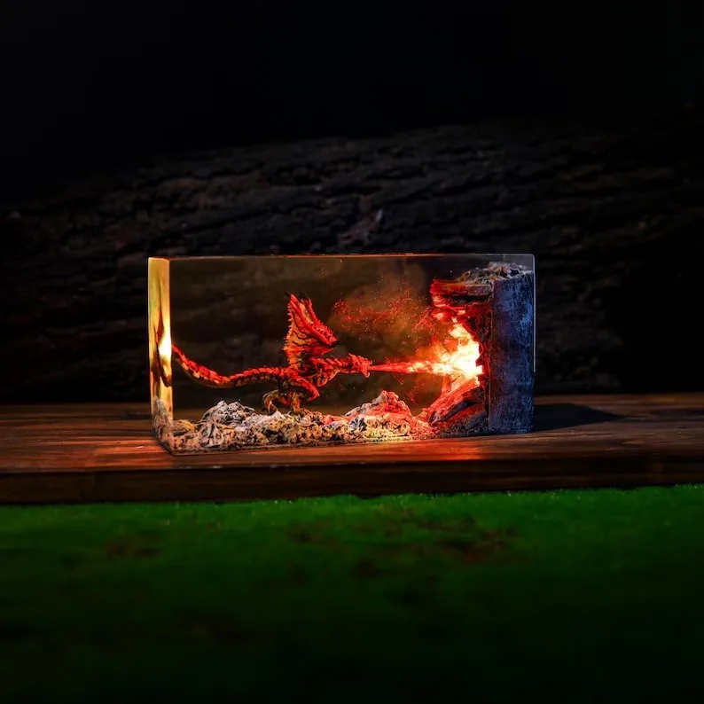 ZZ 2026 3D Scene Epoxy Resin Night Light Fire Breathing Dragon Figurine Desktop Lighting Holiday Collection Gift