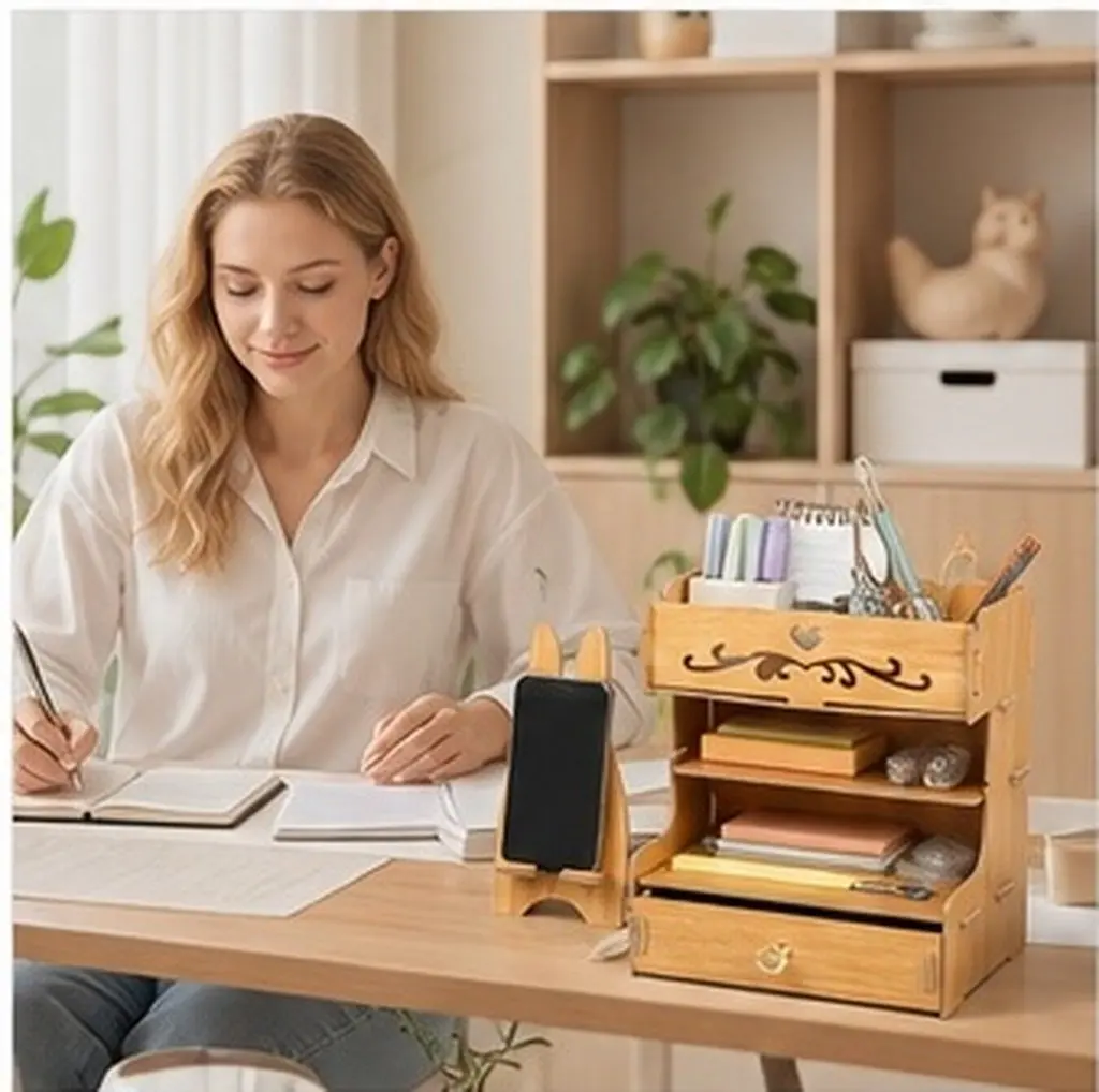 1Set Wooden Desk Organizer Large Capacity Compartment Organizer for Pens Pencils Notepads Keys Personal Belongings Office