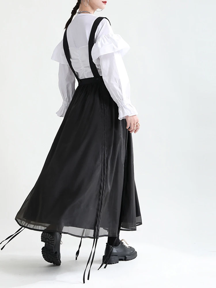 [EAM] High Waist Black Drawstring Irregular Long Strap Half-body Skirt Women Fashion Tide New Spring Autumn 2024 1DE2821