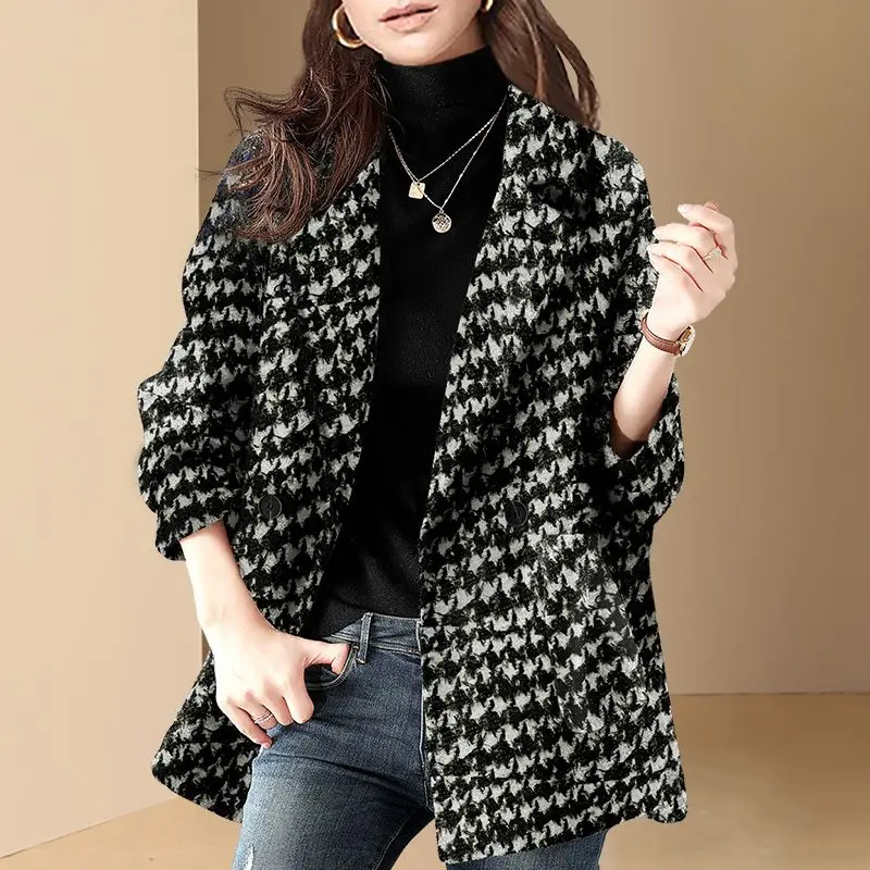 

Thousand Bird Plaid Woolen Coat Women's Winter New Polo Collar Mid length Small Fragrant Wind Woolen Coat