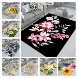 Hand-Painted Flower Printed Carpet Washable Living Room Bedroom Floor Mat Non Slip Sofa Coffee Tables Large Area Decor Rugs