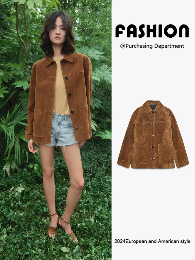 

New Autumn Women's Faion Suede Jaet Long Sve Turn-down Collar Single Button Coat Versatile Ele Stage Costume