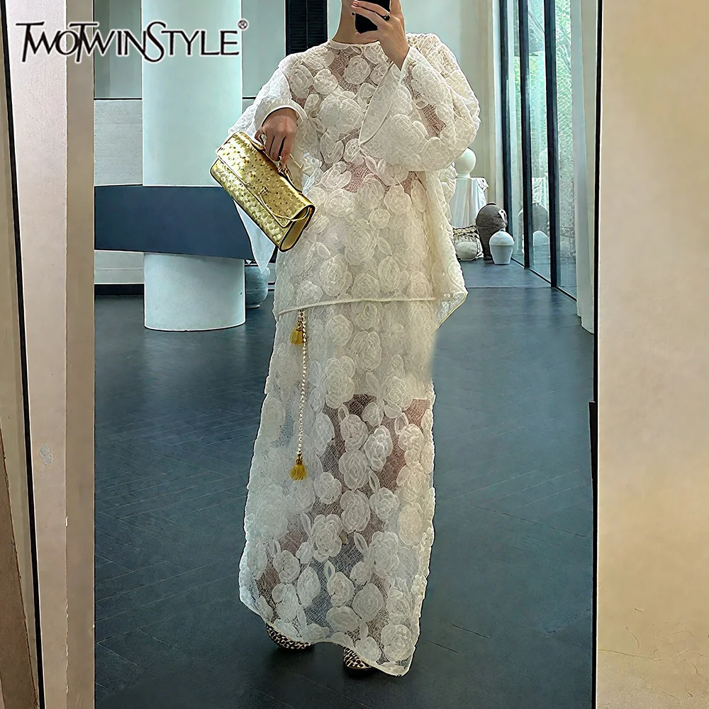 

TWOTWINSTYLE Apricot Spliced Hollow Out Lace Two Piece Set Female O Neck Loose Shirt Sexy Party Women's Skirt Sets Summer Style