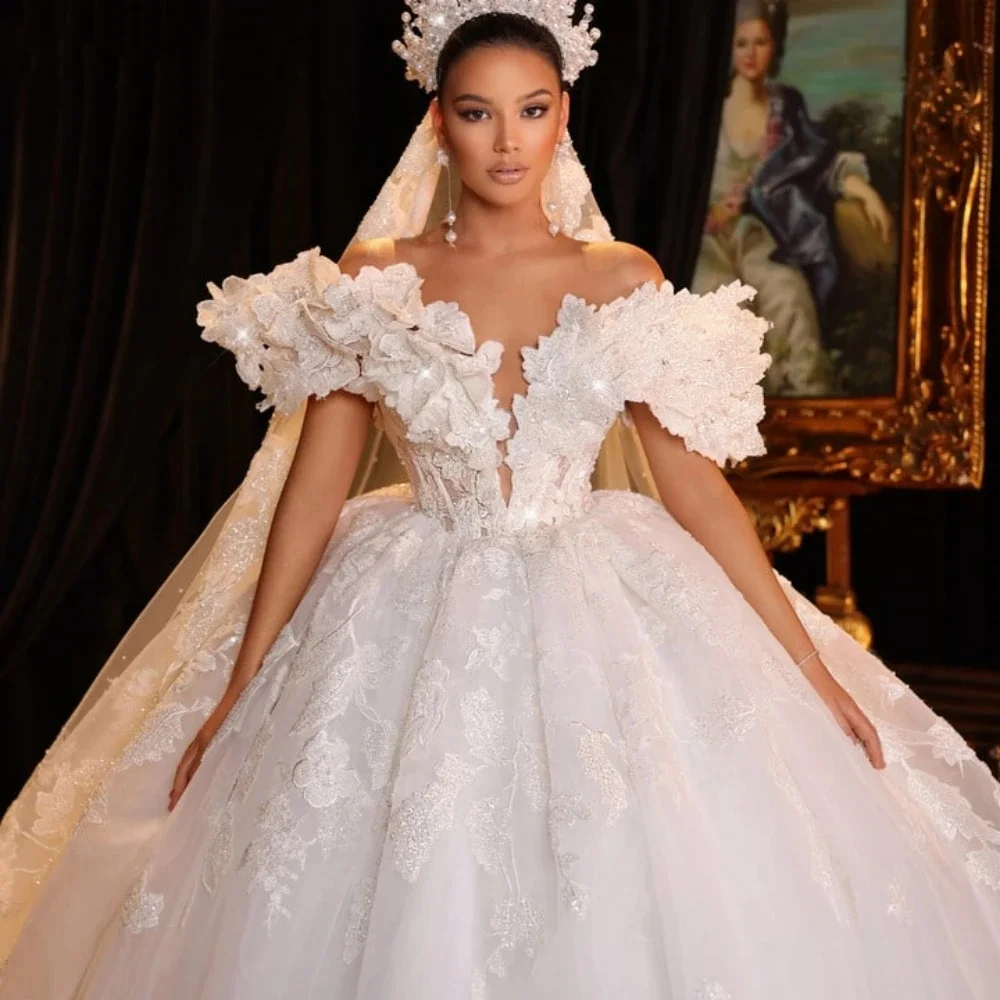 Vestido de novia de lujo con hombros descubiertos, vestido de baile de encaje Floral, apliques de manga corta, vestidos de novia personalizados