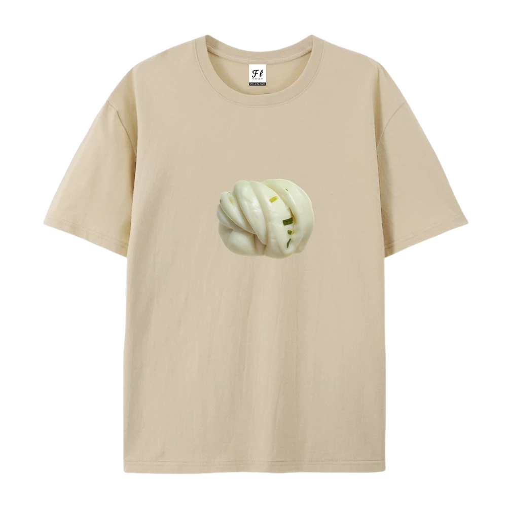 Women Clothes Steamed Tee Traditional Chinese Huajuan Print Handmade Dough Art Unisex Cotton Top Breakfast Street Food Style
