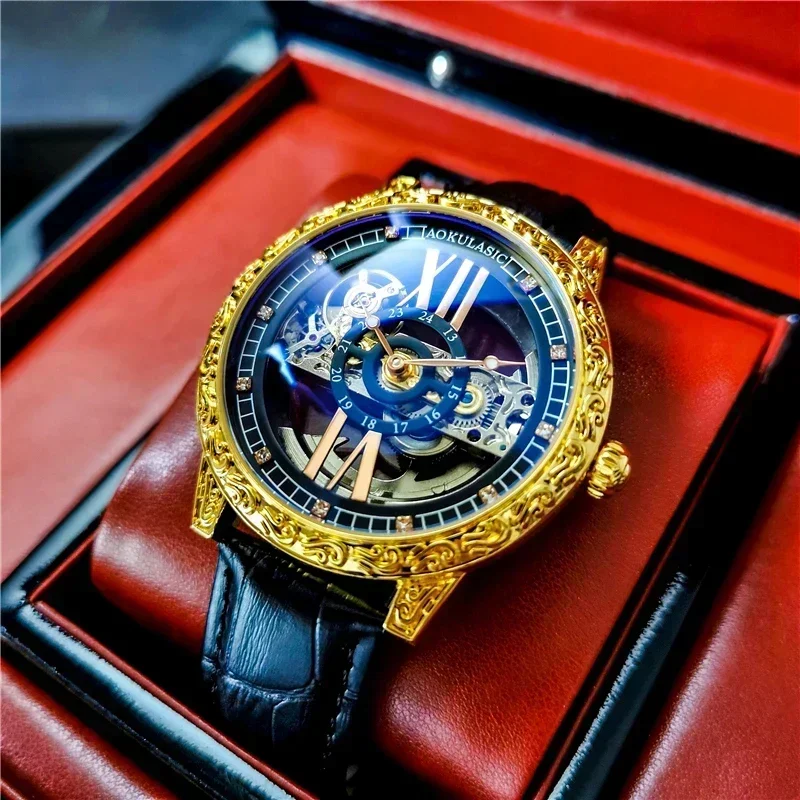 

AOKULASIC Automatic Mechanical Watches Mens Retro Top Luxury Brand Watch Men Hollow Design Clock Male Waterproof montre homme