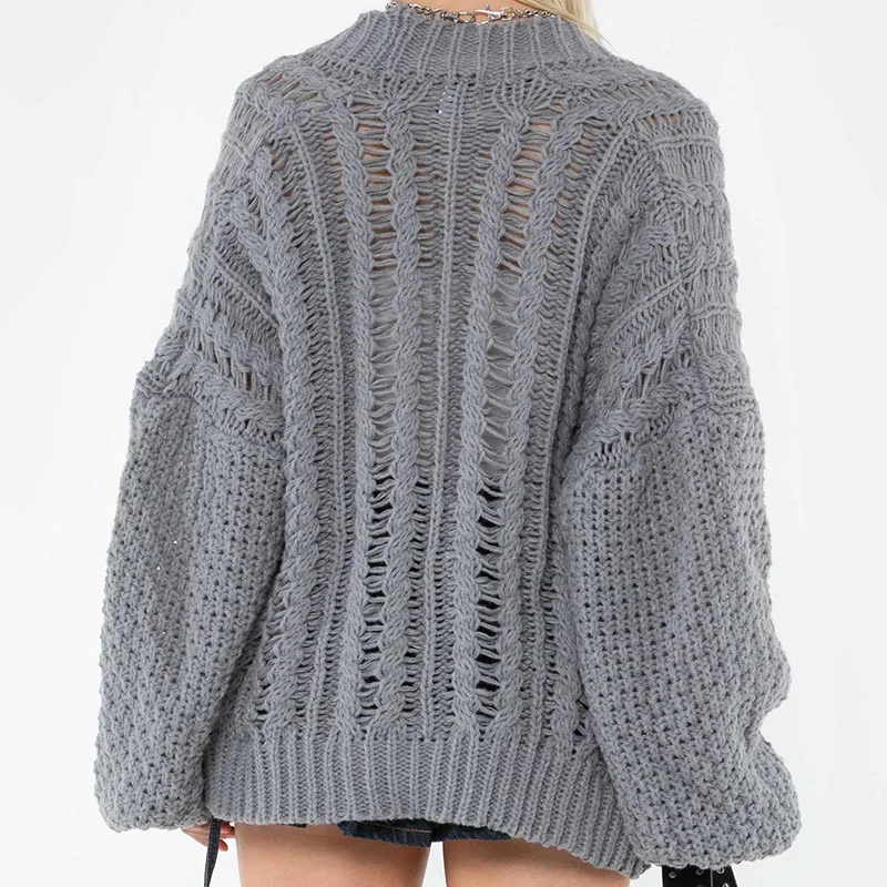 Vintage Grey Knit Cardigan Coat Crochet Long Sleeve Loose Knitwear Ripped Hollow Out Women Sweaters French Trend Streetwear