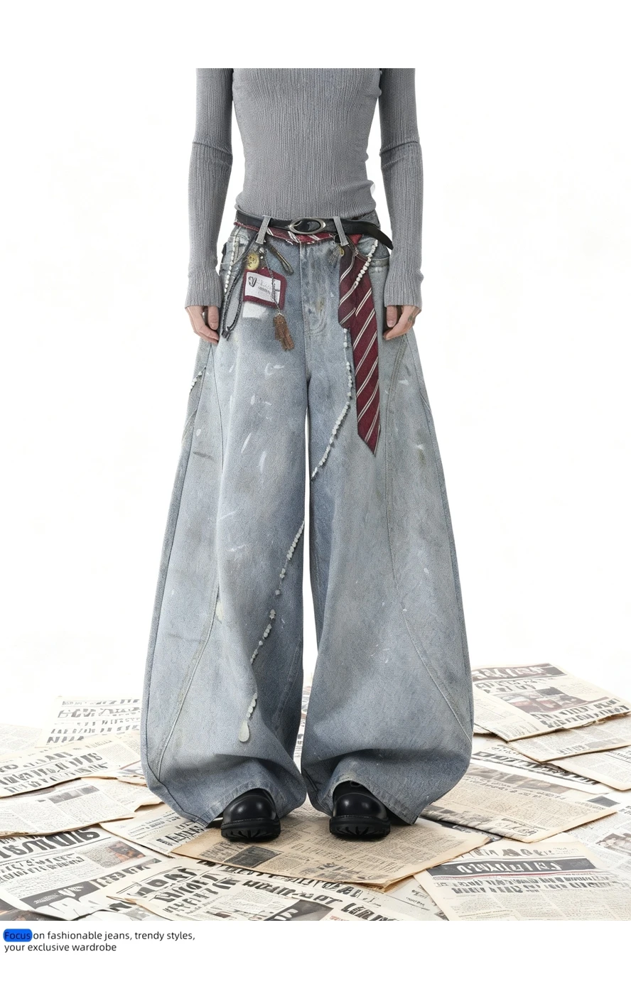 CHIC Street Woman Jeans Tie Studios Washed Denim Jeans Women Cargo Pants High Waist Casual Wide Leg Trousers for Men Female