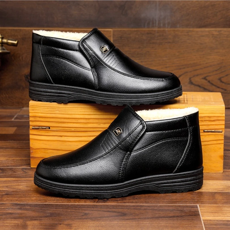 

Men's Cotton Shoes Winter Warm Soft Bottom Thickened Fleece Lined Anti-slip Leather Ankle Boots Men Comfortable Casual Footwear