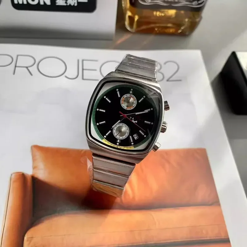 2025 Orologio da uomo classico a forma di tonneau in acciaio inossidabile con calendario, timer, orologio sportivo da uomo casual, часы ✔ nulla