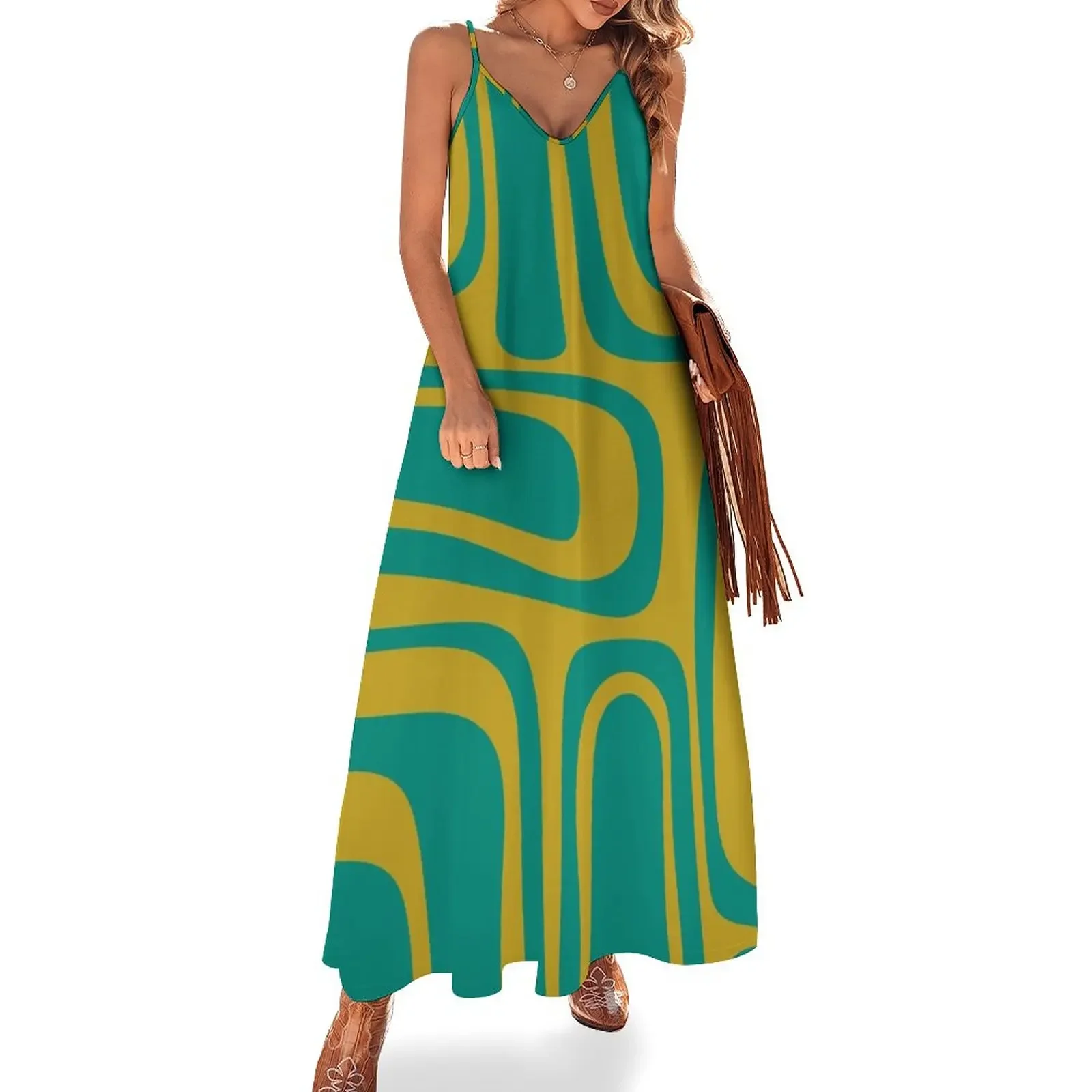 

Palm Springs Retro Midcentury Modern Abstract Pattern in Mid Mod Turquoise Teal and Mustard Sleeveless Dress