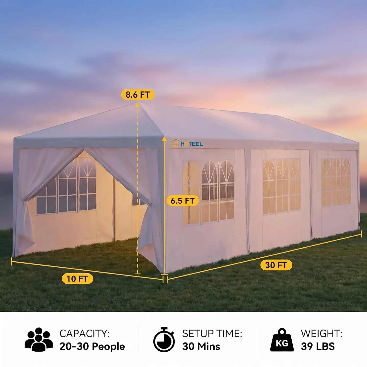 10x30 FT White Party Tent with Sidewalls, Waterproof Outdoor Canopy, Large Event Shelter for Backyard Weddings