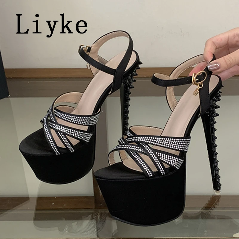 Liyke Summer Fashion Rhinestone Narrow Band Open Toe 17CM Women's Sandals Sexy Rivet Stiletto Shoes Platform High Heels Sandal