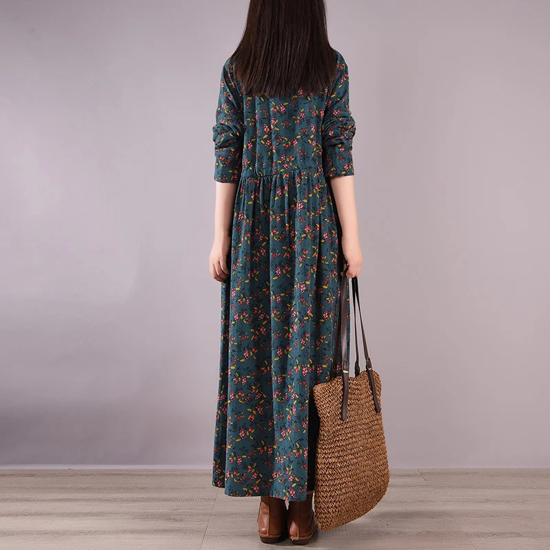 NYFS 2023 Winte New Korean Floral Womens Dresses Vestidos Robe Ete Femme Elbise Loose Fleece cotton Linen Long Dress