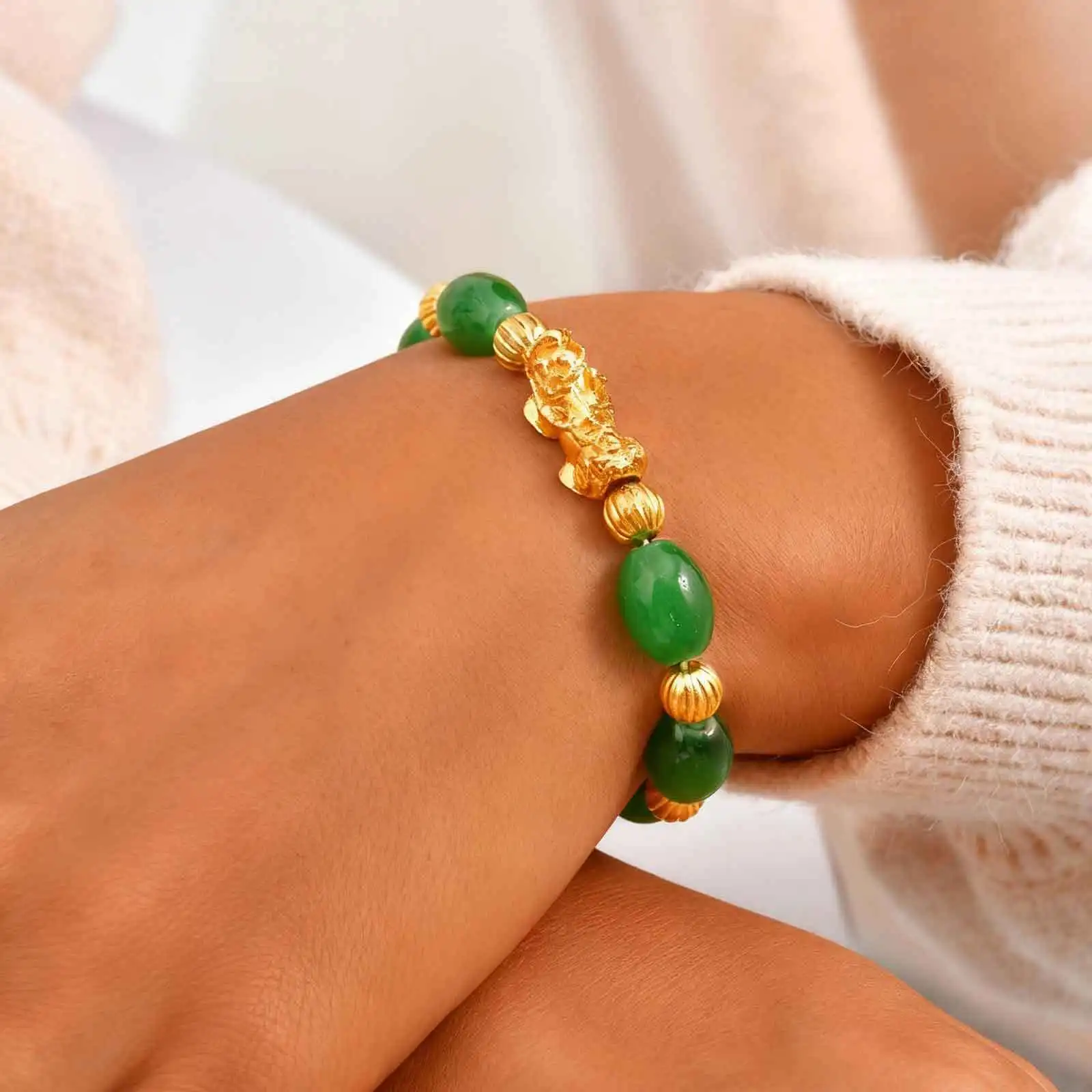 Fengshui Porsperity Jade Bracelet Lucky Charm Feng Shui Wealth Bracelet Gift for Women with Gold Plated Pi Xiu Attract Wealth