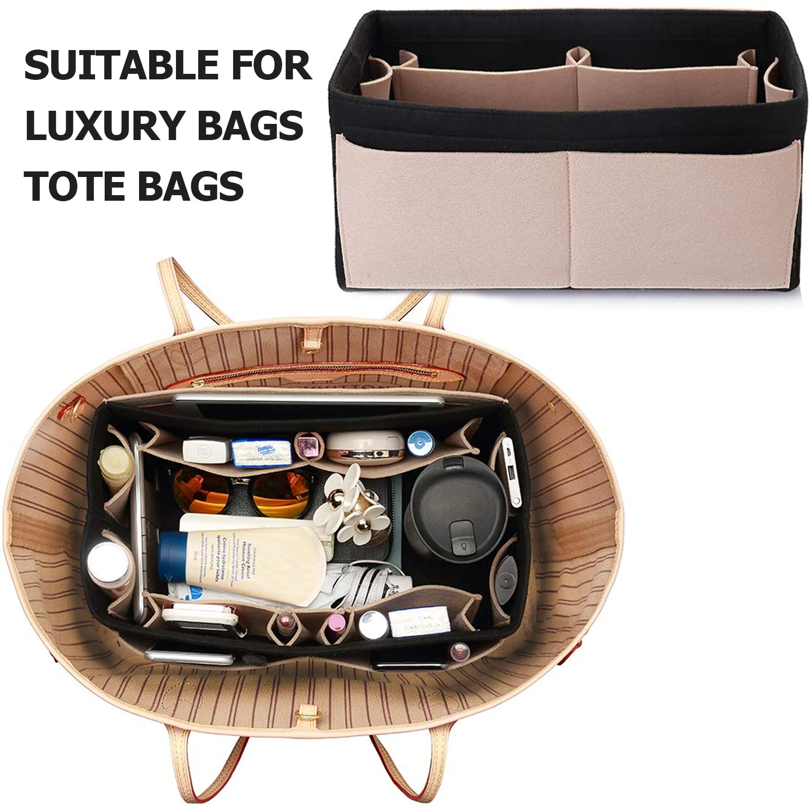 Felt Bag Organizer with Zipper, Multi-Pocket Handbag Divider Inside Purse Insert, Compatible with Longchamp, Speedy