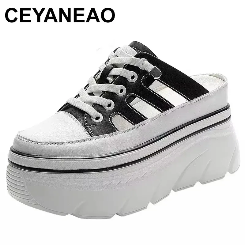 

2025 9cm Hollow Genuine Leather Women Slippers Platform Shoes Wedge Sandals White Sneakers Women Slip on Slides Mules