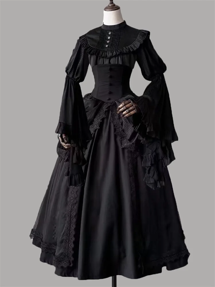 Zwart Wit Lolita Hoge Taille A-lijn Japanse Rokken voor Vrouwen Kawaii Zoete Ruche Kostuum Patchwork Kant Vintage Lange Rok