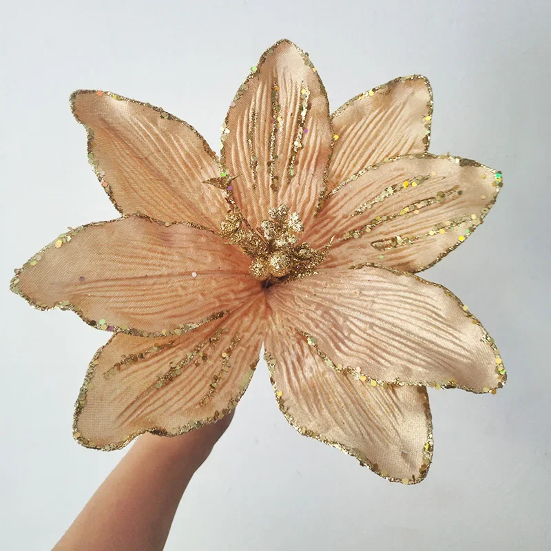 Simulated Glitter Magnolia ChristmasFlower Artificial Christmas Tree Decoration New Year Home Flower Christmas Wreath Decoration