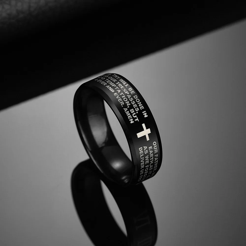 UAGE Stainless Steel Black Color Jesus Cross Ring Letter Bible Prayer Finger Rings For Men 8mm Amulet Jewelry