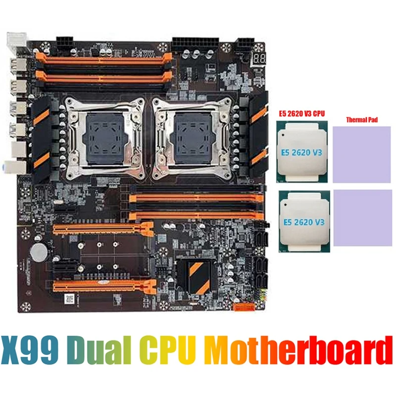 

X99 Dual CPU Motherboard LGA2011 Support DDR4 ECC Memory Motherboard Durable With 2XE5 2620 V3 CPU+2Xthermal Pad