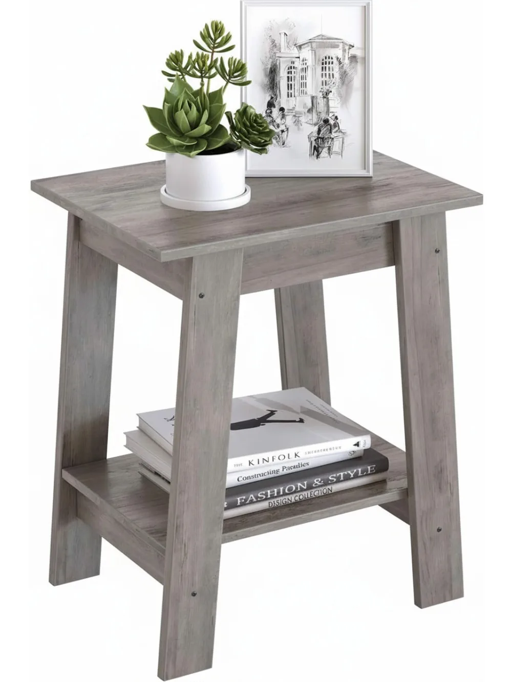 

2-уровневый приставной столик с полкой для хранения, небольшой диван-стол, тумбочка в фермерском доме для прихожей в гостиной, легкая сборка, серый цвет