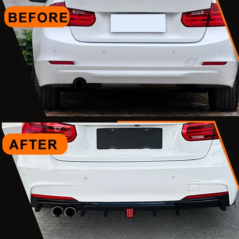 

For BMW F30 MT MP 325i 330i 2013-2019 Rear Bumper Diffuser Lip Kit Dual Exhaust Black Lip With Light Splitters Valance Spoiler