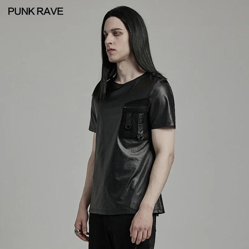 PUNK RAVE Men's Punk Tech Wear Mesh T-shirt Fitted Short Sleeved Silhouette Handsome Tops Streetwear Summer