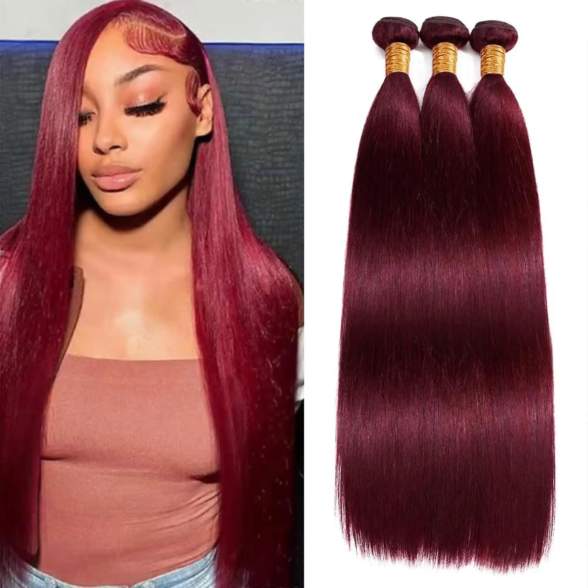 

Наборы прямых волос из натурального человеческого волоса 99J Burgundy, двойная прокладка, 1/3 пучка, красные прямые волосы для женщин