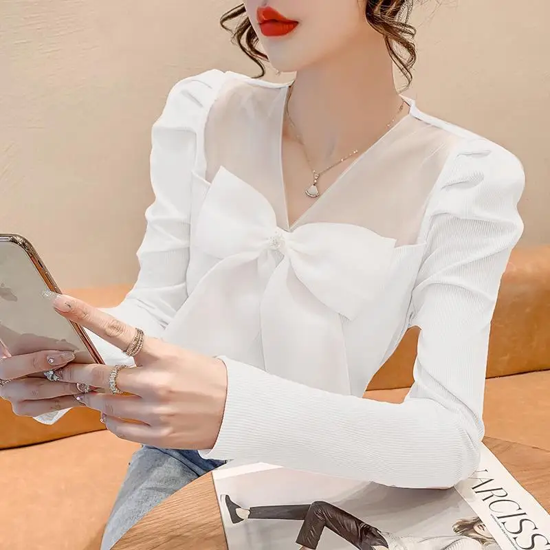 Spring Autumn New Contrast Color Fashion Long Sleeve Blouse Women High Street Casual Slim Bow Lace Patchwork Elegant Pullovers