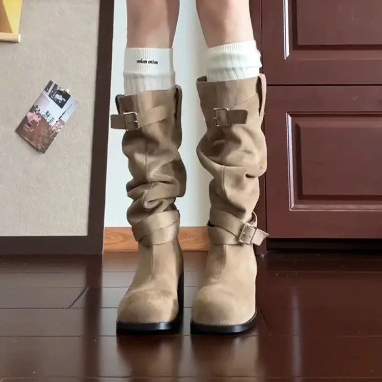 

Женские ковбойские сапоги в стиле вестерн со сложенным воротником | Сапоги до колена без шнуровки | Толстый каблук на платформе на осень-зиму