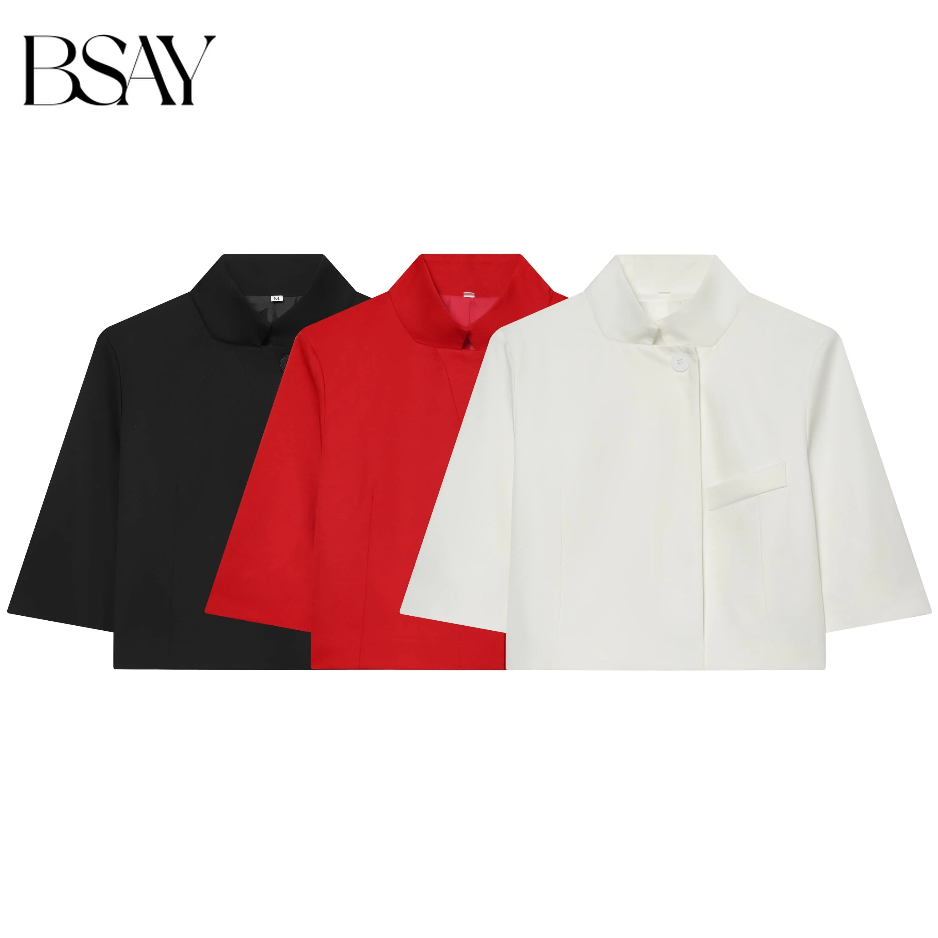 BSAY  Women's Summer Stand Collar Cropped Blazer Single-Breasted Casual Suit Coat Chic Lady Office Commuter Jacket